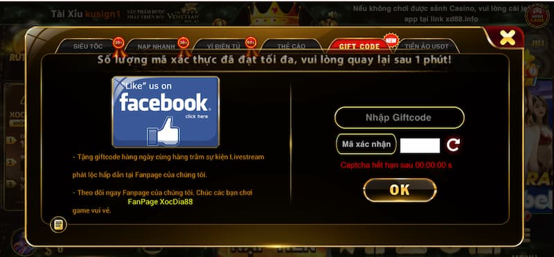 giftcode vào ví game Xocdia88